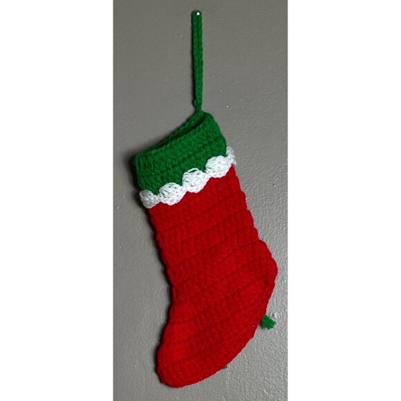 Vtg Small Crochet Christmas Stocking 10" Handmade Holiday Decor Cozy Cottage - Picture 3 of 4
